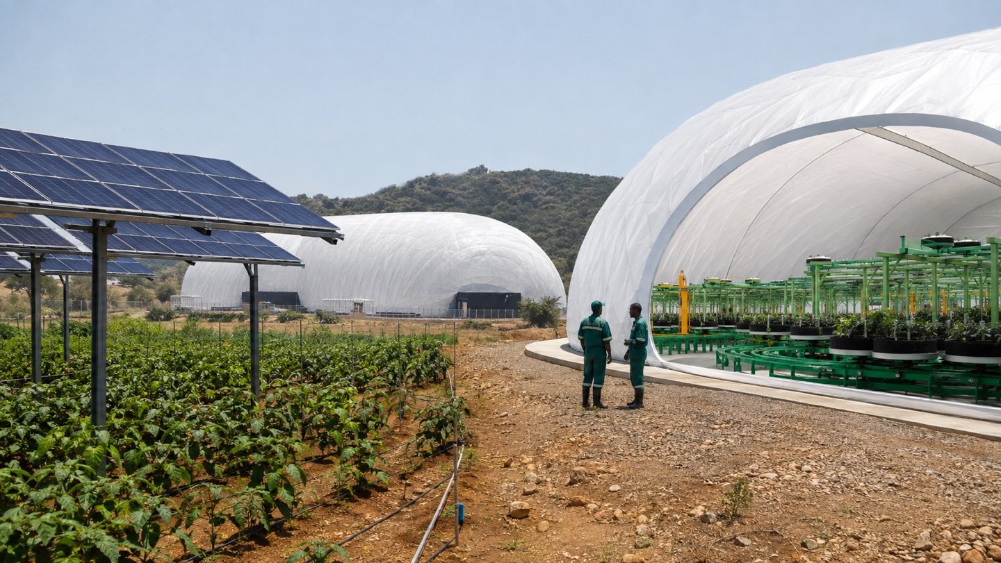 AgDome cluster concept — agrivoltaics, open-field cultivation and standard units on one site